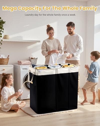 190L Laundry Hamper with Lid, Large Laundry Basket with Lid and 3 Section, Sturdy Laundry Baskets with 3 Removable Bags (L M S), Dirty Clothes Hamper Organizer for Laundry Room, Bedroom and Dorm Room - Thumbnail 4