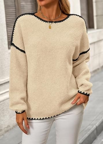 KIRUNDO Womens Sweaters 2025 Fall Oversized Long Sleeve Chunky Knit Crew Neck Contrast Stitching Pullover Winter Clothes(Beige, Small) - Thumbnail 3