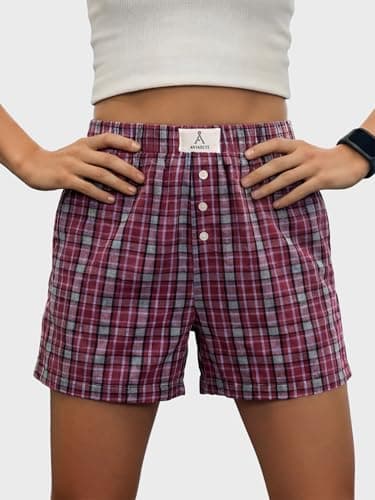 ANRABESS Shorts for Women 2026 Summer Casual Lounge Pajama Sleep Gingham Boxer Shorts Soft Comfy Beach Pj Bottoms Pockets Red Grey Plaid Large - Thumbnail 4
