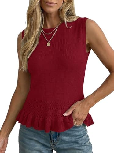 LaGracia Cropped Sweaters for Women Sleeveless Crochet Tank Tops Babydoll Sweater Vest Summer Lightweight Crop Tops Vacation Outfits Red XL - Image 1