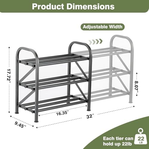 Atrastout 3-Tier Shoe Rack for Closet, 16"-32" Expandable ShoeRackAdjustable for Entryway Closet Doorway SturdyMetal, Black - Thumbnail 2