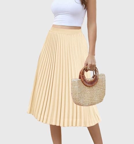 Women's Midi Skirt Elastic High Waist Pleated Skirt Knee Length Swing A-Line Casual Flowy Skirts 2025 Champagne,L - Thumbnail 3