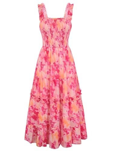 Scarlet Darkness Floral Dress for Women 2026 Flowy Sundress Smocked Cottagecore Dresses Pink Ombre L - Image 1