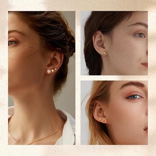 ALEXCRAFT Small Gold Stud Earrings for Women Cubic Zirconia Earring Studs Cute 14k Gold Plated Heart Flower Earing Pack 6 Pairs - Thumbnail 6