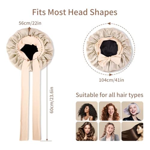 SILMANA Silk Bonnet for Sleeping Women, 22 Momme 100% Mulberry Silk Sleep Cap with 2 Matching Silk Scrunchies, Double-Sided Wearable Hair Bonnet for Night Hair Care and All Hair Types - Light Gold - Thumbnail 5