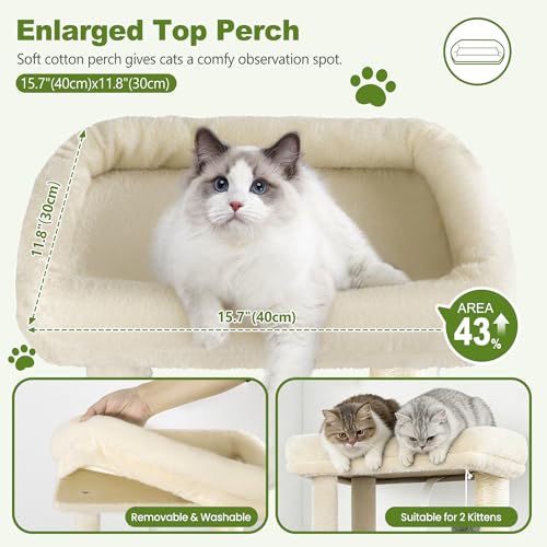 Small Cat Tree Tower for Indoor Cats, 40 in Compact Adults Cat Beds Trees with 2 Condos, Sisal Scratching Post, Large Perch Platform, Multi-Level Kitty Kitten Climbing Stands House(Beige) - Thumbnail 2