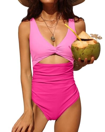 Charmo Womens Plus Size One Piece Swimsuit Ruched Tummy Control High Cut Backless V Neck Bathing Suits Swimwear Pink X-Large - Image 1