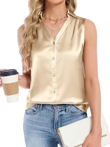 Funlingo Satin Shirts for Women Silk Sleeveless Button Down Blouse 2026 Fashion Collared V Neck Tops Loose Fit Elegant Summer Clothes Beige L - Thumbnail 2