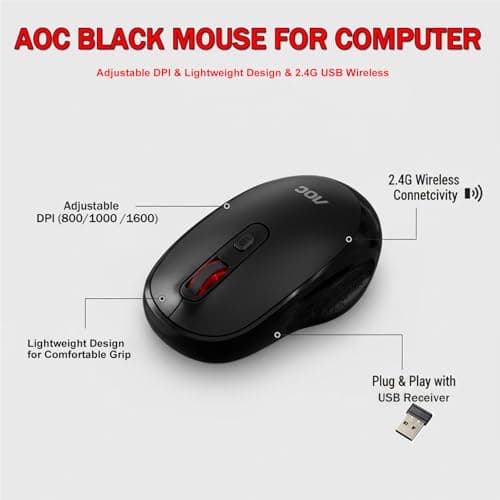 AOC Wireless Mouse, 2.4G Optical Mice with Nano Receiver, Portable Design with Textured Grip, 1600 DPI Adjustable Cordless Mouse Compatible with Notebook, PC, Laptop Black MS400 - Thumbnail 3
