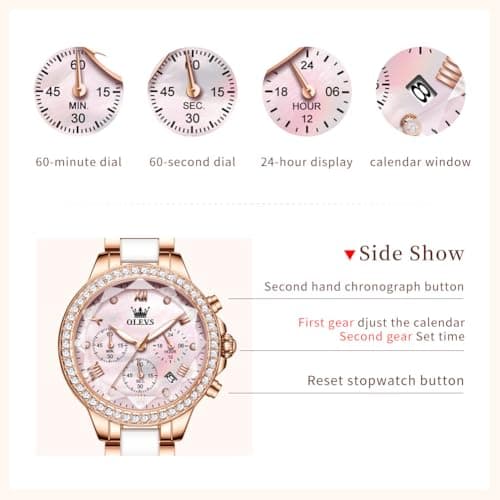 OLEVS Women's Rose Gold Watch Luxury Pink Mother of Pearl Dial Waterproof Ceramic Stainless Steel Bracelet Elegant Ladies Chronograph Watch Quartz Diamond Bezel Fashion Gift Her reloj para Mujer - Thumbnail 5