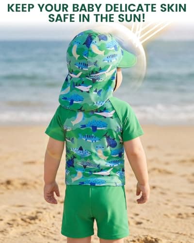 JiAmy Toddler Baby Boys Rash Guard Set with Swim Trunks for Kids 3PCS Short Sleeve Rashguard Swim Set Sunsuits Bathing Suits Green 6-12 Months - Thumbnail 4