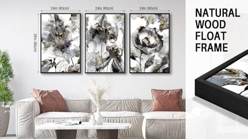 Large Abstract Flowers Wall Art - Float Framed Floral Wall Pictures Black and White Modern Aesthetic Blossom Artwork Prints Artwork for Living Room Bedroom Office Home Decor 24" X 36" X 3 Panels - Thumbnail 6