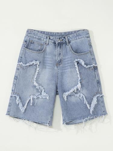 JMIERR Men's Jorts Baggy Loose Fit Comfy Wide Leg Vintage Y2K Hip Hop Streetwear Summer Knee-Length Star Jean Shorts Beau Blue, X-Large - Thumbnail 6