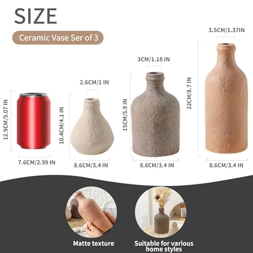 Ceramic Vase Set of 3, Vases Home Decor, Decorative Vases for Table, Boho Flower Vase Modern Neutral Vases for Room Decor, Table, Mantel,Entryway Living Room Kitchen Bedroom Bathroom - Brown - Thumbnail 2