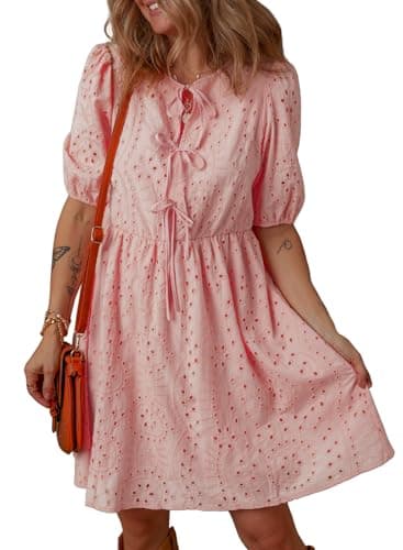 Dokotoo Womens Dresses 2026 Trendy Tie Front Tie Neck Pink Dress Puff Short Sleeve Hollow-Out Lace Dress Elegant Ruffle A-Line Causal Dresses Plus Size Summer Spring Outifits for Beach Party X-Large - Image 1