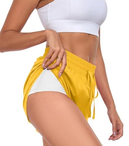 PrinStory Womens Athletic Shorts High Waisted Running Quick Dry Gym Workout Shorts with Zipper Pockets Golden Yellow-L-FBA - Thumbnail 3