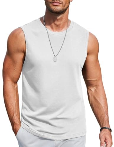 COOFANDY Men's Cotton Tank Top Muscle Cut Off T Shirts Plain Sleeveless Workout Shirt White L - Image 1