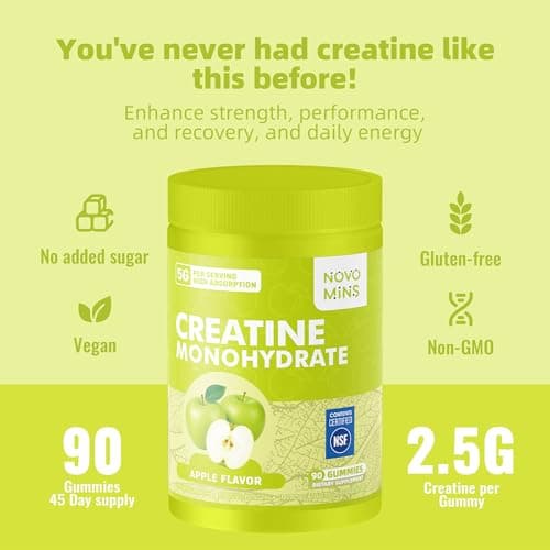 novomins Creatine Monohydrate Gummies 5000mg for Men & Women, Chewables Creatine Monohydrate for Muscle Strength, Muscle Builder, Energy Boost, Pre-Workout Supplement(90 Count)-Apple Flavor. - Thumbnail 5