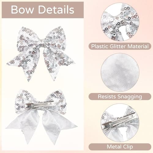 Silver Glitter Fable Hair Bows Alligator Hair Clips Hair Accessories for Baby Girls Toddlers Kids (3.5 inches in Pair） - Thumbnail 4