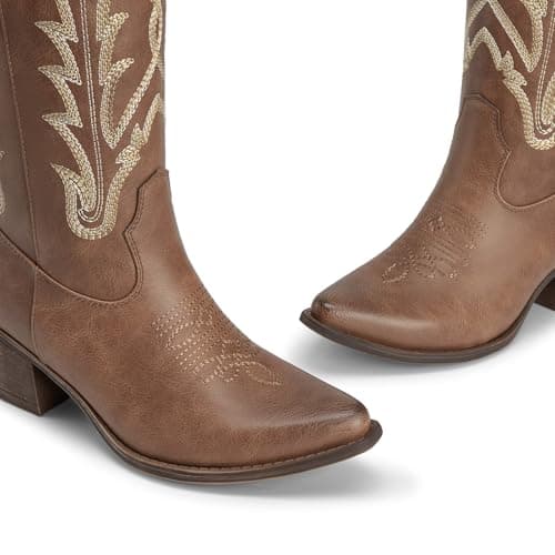 Athlefit Brown Cowboy Boots for Women Cowgirl Western Knee High Comfortable Pull On Block Heel Pointed Toe Dancing Fall Long Boots with Embroidery Brown Size 9 - Thumbnail 5