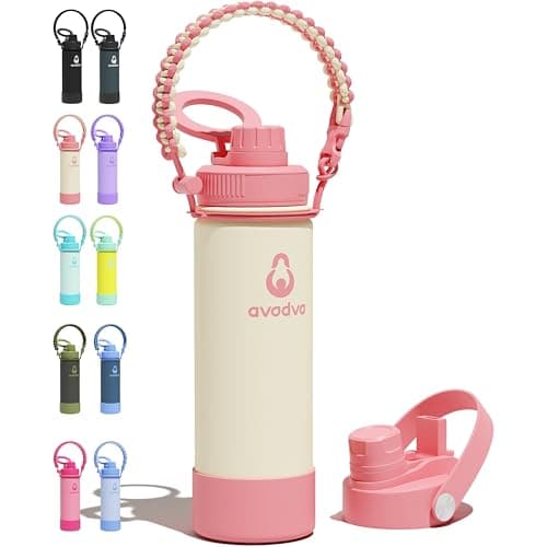 avodvo 18 oz Insulated Water Bottle with 2 Lids (2-in-1 Straw & Spout Lid, Magnetic Lid), Slim Water Bottle with Strap, Stainless Steel Water Bottle for School, PA-Free, Light Pink