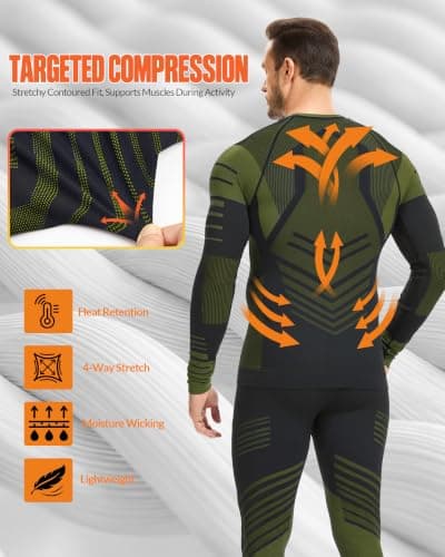MeetHoo Mens Thermal Underwear Set Seamless Fleece Lined Base Layer Sports Long Johns Winter Gear Running Skiing Green - Thumbnail 3