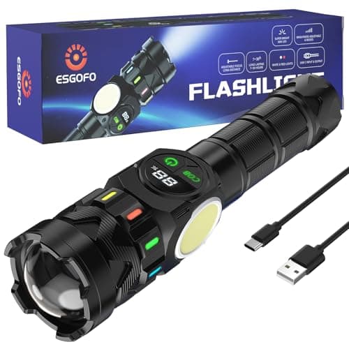 Esgofo Rechargeable Flashlights High Lumens 100000 Long Lasting LCD Display, Super Bright 50W LED, Quick USB C Charge & Output, Double Source & Buttons with Red Light, for Home Camping Hiking