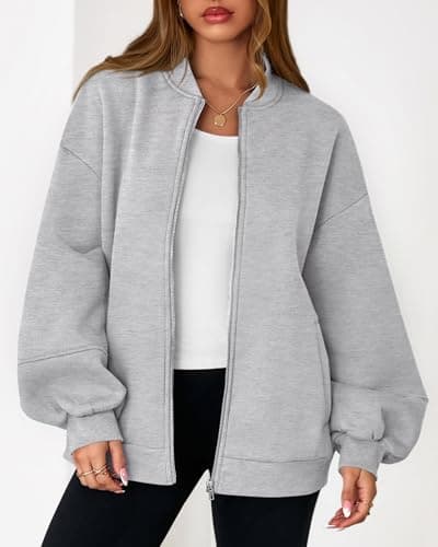 KIRUNDO Oversized Sweatshirt for Women Zip Up Bomber Jacket 2026 Fall Fashion Casual Long Sleeve Outerwear Winter Outfits(Grey, Large) - Thumbnail 6