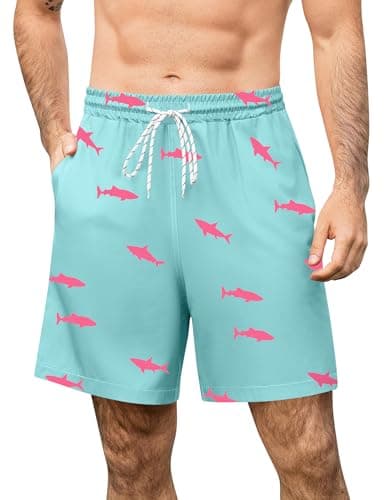 Aprolive Mens Swim Trunks Quick Dry Board Shorts 7 inch Pockets Beach Drawstring No Liner Loose Fit Lightweight Swimsuit(Sky Blue,Small)