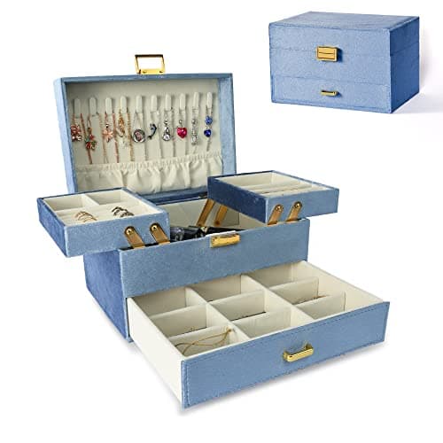 Dajasan Velvet Jewelry Boxes for Women Girls, Jewelry Organizer Box, Jewelry Storage Organizer for Rings Necklaces Bracelets Watch Earring (Blue)