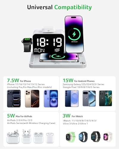 Acer 7-in-1 Wireless Charging Station with LED Clock - 30W Fast Wireless Charger for iPhone 16/15/14/13/12/Pro Max, Apple Watch, AirPods - Bluetooth Auto Time Sync & Night Lights (White) - Thumbnail 3