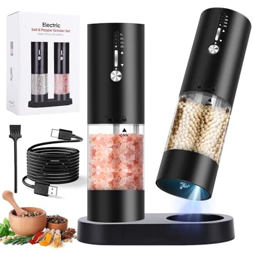 Hxro Electric Salt and Pepper Grinder, 120ml Capacity, 4 Level Timer, Salt and Pepper Mill with LED, USB Rechargeable, Adjustable Coarseness Grinder for Kitchen (2, Black Set) - Image 1