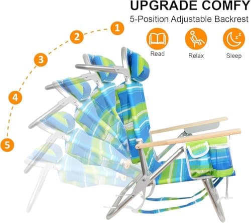 Backpack Beach Chairs for Adults Capacity 300 LBS high 5 Position Beach Chair with Pouch Straps Folding Lightweight Reclining Aluminum Wide Lay Flat Single - Thumbnail 4