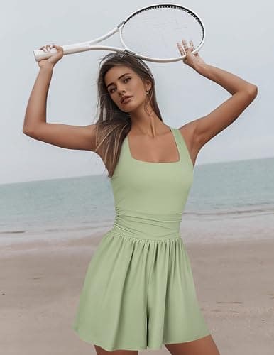 LOOKBOHO Women's Rompers Summer Casual Square Neck Sleeveless Sexy Shorts Workout Jumpsuit 2026 One Piece Outfits Gteen M - Thumbnail 3
