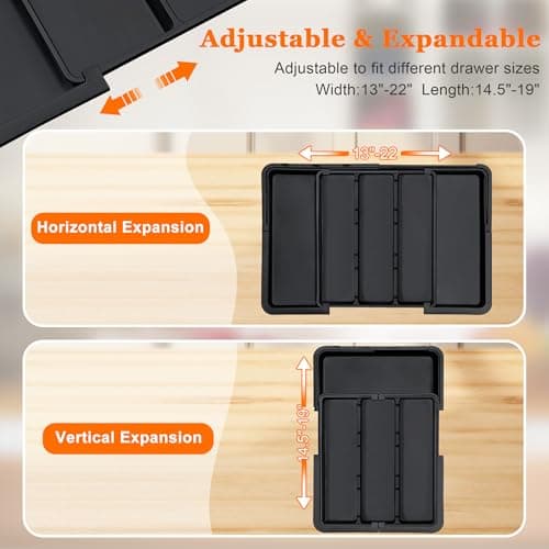 Spaclear Large Utensil Drawer Organizer Expandable Silverware Organizer for Kitchen Drawer Adjustable Cooking Utensil Holder Cutlery Flatware Tray Spatula Tools Gadgets Storage Dividers Plastic Black - Thumbnail 6