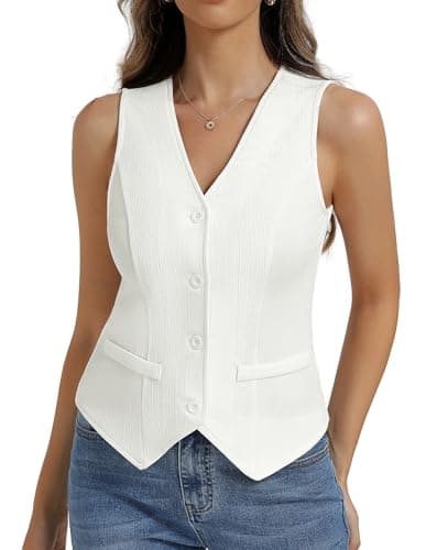 Belle Poque Womens Vest Top Trendy Knitted Waistcoat Sleeveless Button Down Tops Suit Vest Tops (White,M) - Image 1