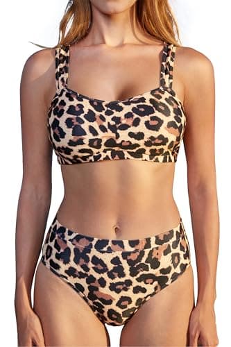 MOOSLOVER Women Bandeau High Waisted Bikini Sets Cheeky High Cut Swimsuit 2 Piece Bathing Suits (L,Leopard)