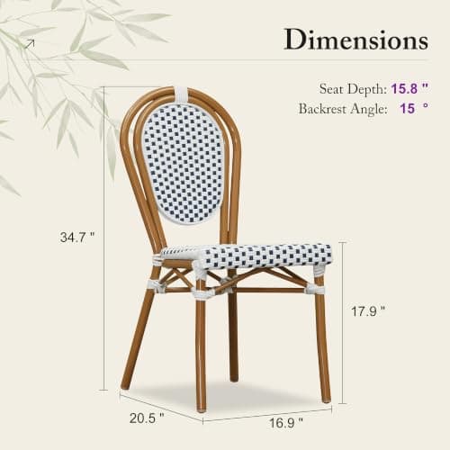 PURPLE LEAF Patio Dining Chair Set of 2 Outdoor French Aluminium Frame in Bamboo Finish with Sky Blue & White Woven Rattan for Indoor Kitchen Deck Bistros Cafe Restaurant - Thumbnail 2