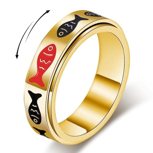 Fidget Spinner Ring for Adults - Swim Against the Current Fish Anxiety Rings for Women, Motivational Fidgets Jewelry for Stress Relief, Stainless Steel Spinning Rings with Inspirational Design Gold Size 6 Ring - Image 1