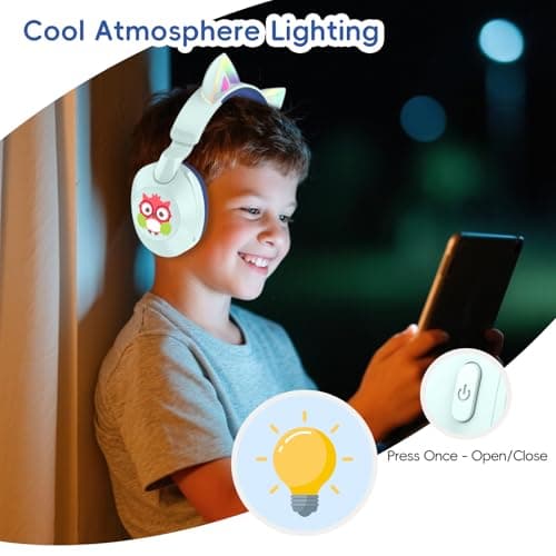 LOBKIN Kids Headphones with Microphone Bluetooth 6.0, Toddler Headphones LED Ligh Rotatable Foldable Sensitive Mic Adjustable 85/94dB Volume Limit Real-time Audio Feedback for Boys Girls Online School - Thumbnail 6