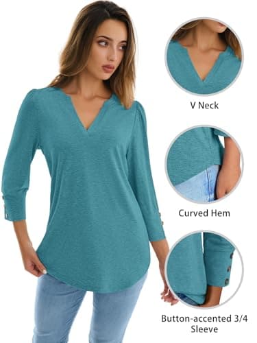 NORACORA Blouses for Women Dressy Casual 3/4 Length Sleeve Womens Tops V Neck T Shirts with Smocked Cuffs with Buttons Spring Summer Outfits Cyan XL - Thumbnail 6