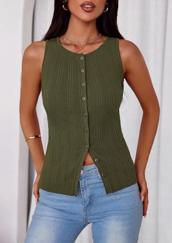 PRETTYGARDEN Sleeveless Button Down Shirts for Women Summer 2026 Going Out Ribbed Knit Tank Tops Y2K Clothes Trendy Vest Tops(Army Green,Small) - Thumbnail 4