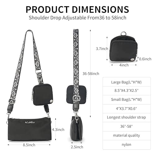 ACUARIO Crossbody Bags for Women - Nylon Purse Trendy Mul-pockets Waterproof Shoulder Bag with Wide Strap (Black) - Thumbnail 2