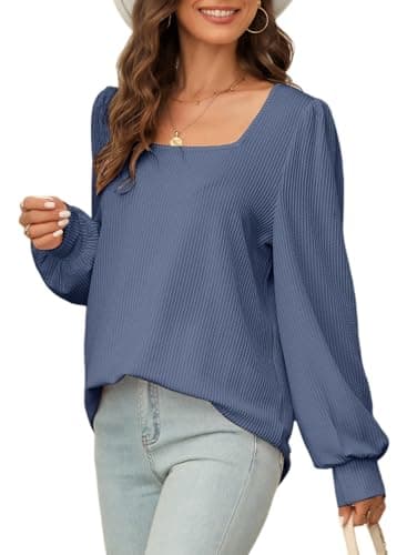 Dokotoo Oversized Womens Shirts Fall Clothes Square Neck Long Sleeve Knit Tops Casual Loose Comfy Solid Color Sweatshirt Tunic Blouses Fall Clothes for Women 2026 Blue XX-Large - Image 1