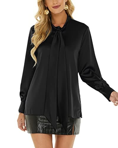 Women's Satin Blouse Bow Tie Neck Long Sleeve Button Down Shirt Casual Office Blouse Top (Black, X-Large) - Thumbnail 4