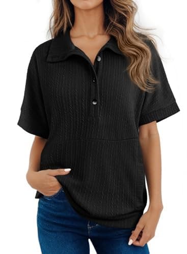 Dokotoo Womens Tops Dressy Casual Button Down Short Sleeve Shirts for Women Trendy Outfits Oversized Shirt Spring Summer Tops for Womens Blouses Ladies Tunics Tops Loose Fit Fashion Clothes Black L - Image 1