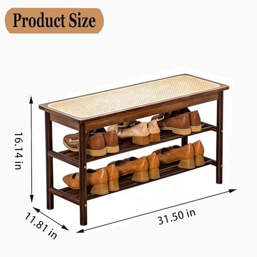 latifolia Shoe Rack Bench, 3-Tier Bamboo Shoe Bench with Breathable Rattan Seat Cushion, Shoe Storage Rack for Entryway(Walnut,31.50''L) - Thumbnail 2
