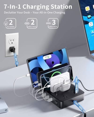 85W Charging Station for Multiple Devices,7 Port USB Charger Stations with 2 AC, 2 USB C, 3 USB A,Family Multi-Device Organizer Charging Dock -Designed for iPhone iPad Android Cell Phone Tablet,Black - Thumbnail 4