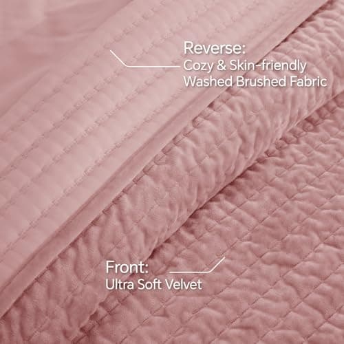 BEDELITE Velvet Quilt Set King Size, Luxury Velvet Comforter for All Season, Lightweight Soft Quilted Bedding Set, Striped Channel Oversized Bedspread Coverlet with 2 Pillow Shams, Rose Pink - Thumbnail 5