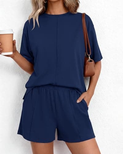 BTFBM Casual 2 Piece Sets For Women Summer 2026 Short Sleeve Tops Shorts Spring Lounge Matching Workout Airport Outfits(Navy Blue,Medium) - Thumbnail 2